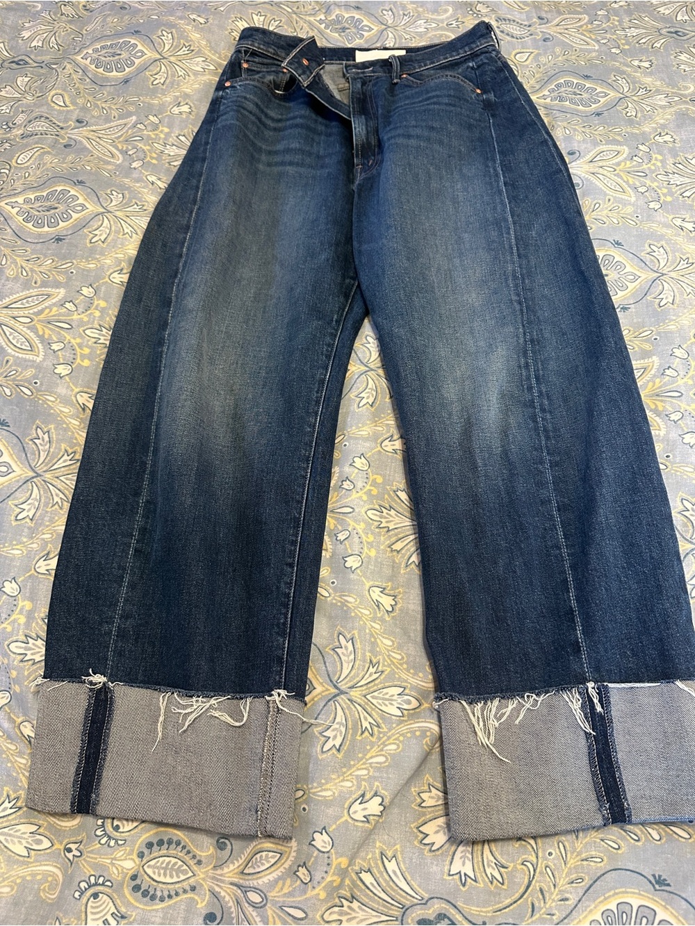 MOTHER Dark Blue Wide-Leg Cuffed Jeans